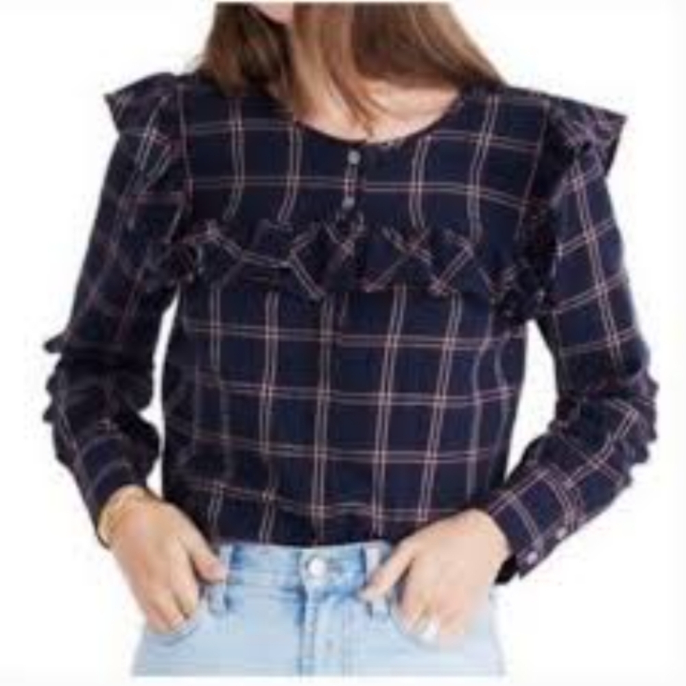 Madewell plaid ruffle button-up